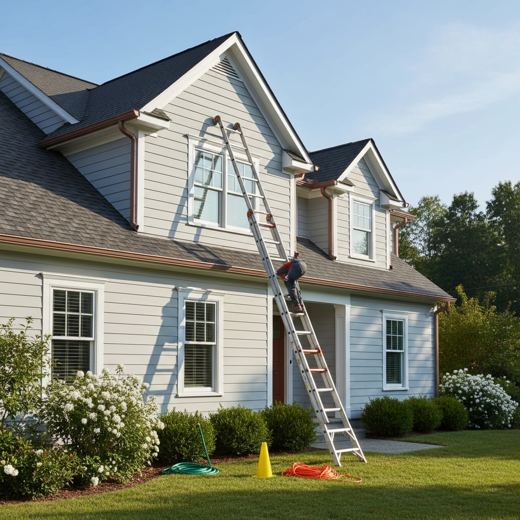 ladder is secure and supported on the gutter